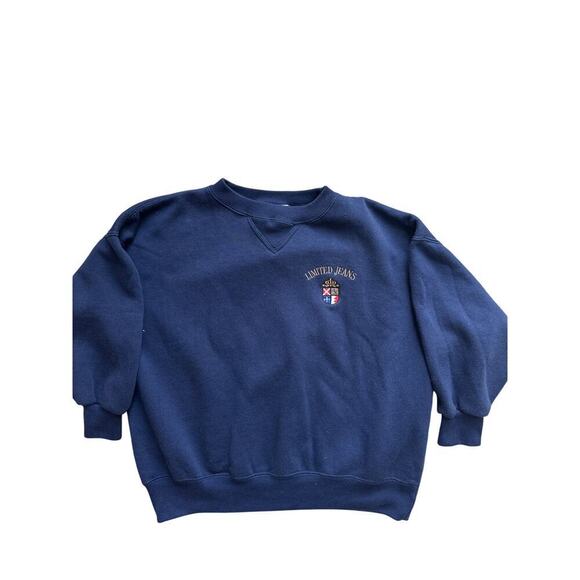 The Limited Sweaters - Vintage 90s Limited Jeans Sweatshirt Navy Blue Crest Logo M Cropped Sleeves